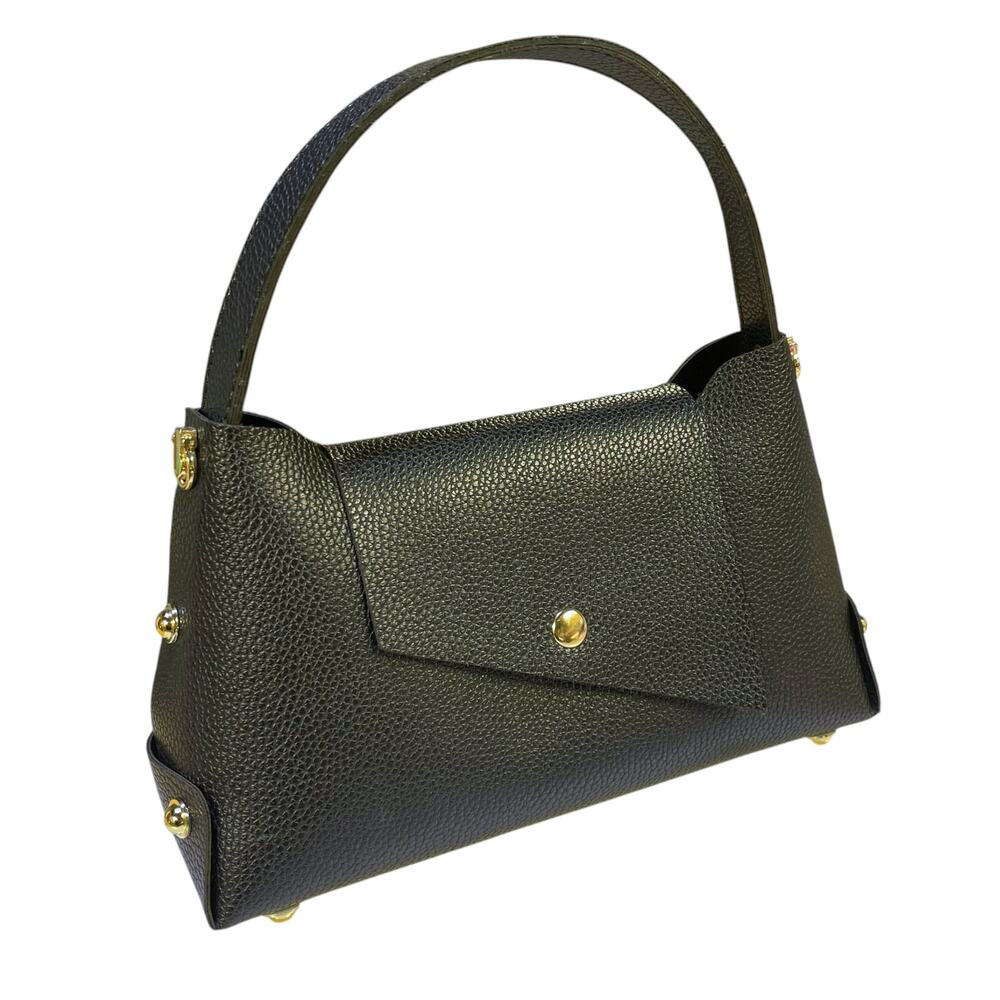 Black Faux Leather Structured Handbag Gold Stud Hardware Top Handle